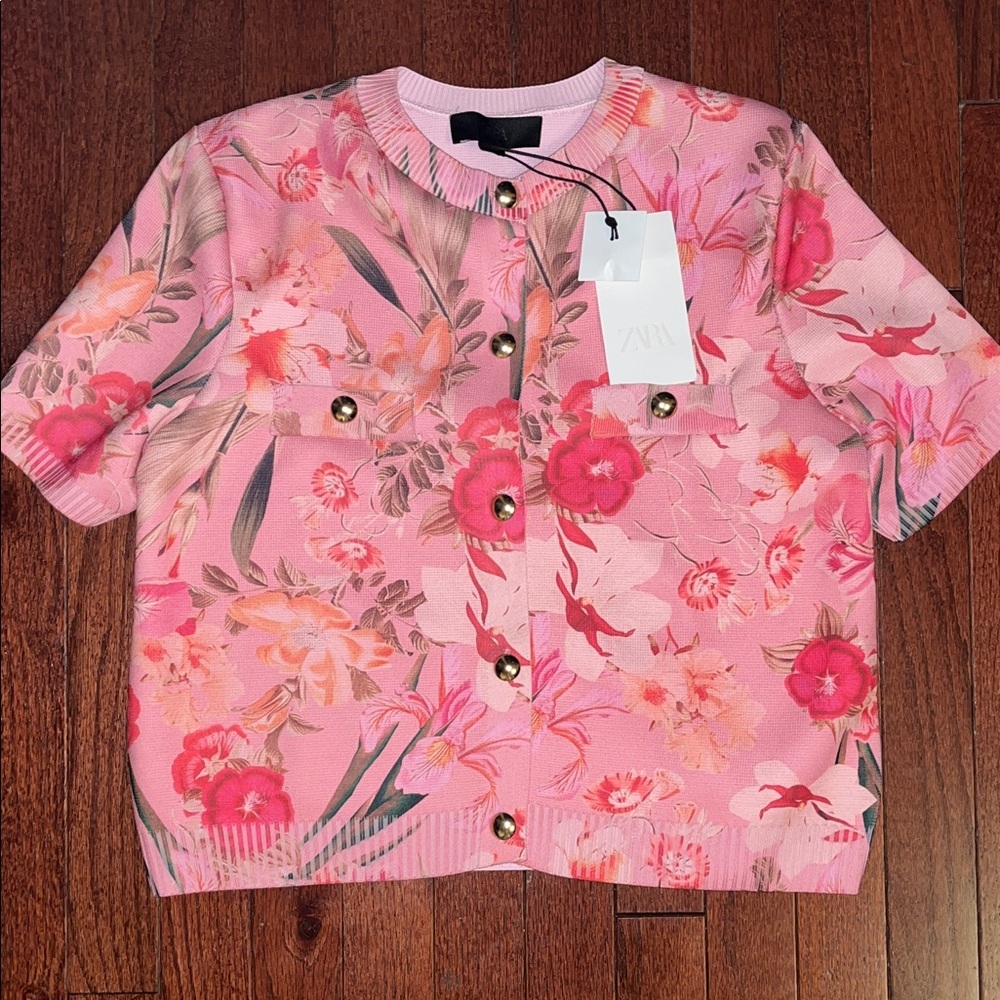 Zara Pink Floral Cardigan with Gold Accents